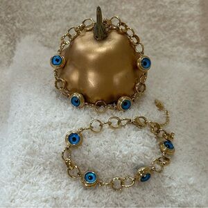GOLD-TONE TRENDY BLUE LUCKY EVIL EYE LUXURY CHARM BRACELET OS NWOT